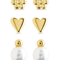 Sterling Silver Irene Pearl, Flower, & Heart Stud Earring Set of 3