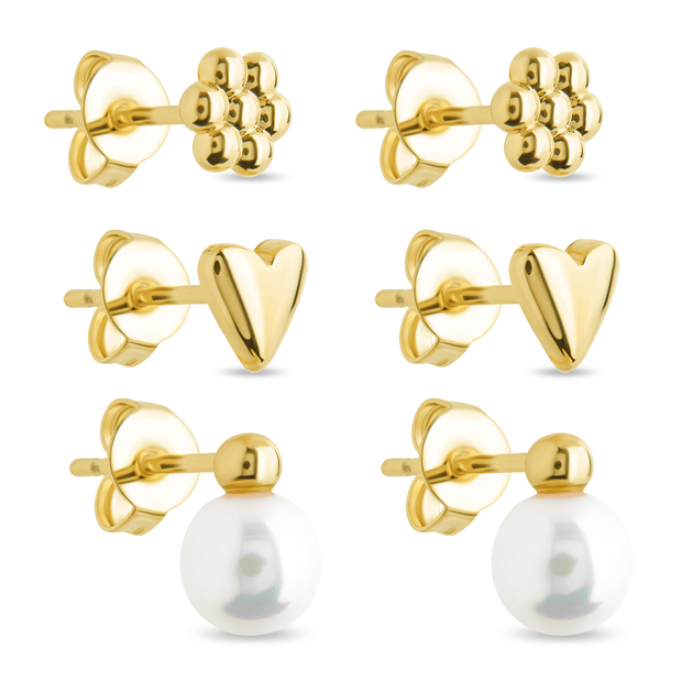 Sterling Silver Irene Pearl, Flower, & Heart Stud Earring Set of 3