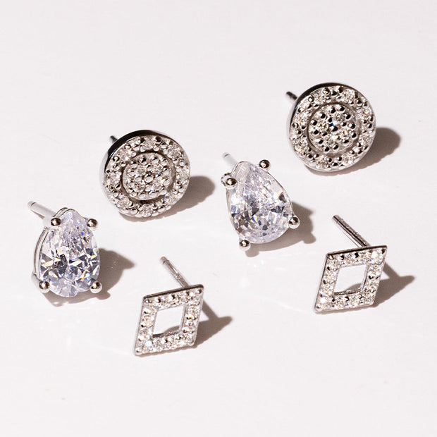 Sterling Silver CZ Geo Stud Set of 3