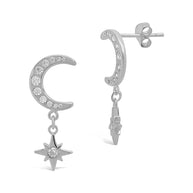 Sterling Silver CZ Crescent & Star Drop Studs