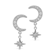 Sterling Silver CZ Crescent & Star Drop Studs