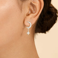 Sterling Silver CZ Crescent & Star Drop Studs