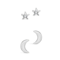 Sterling Silver Crescent & CZ Star Stud Set