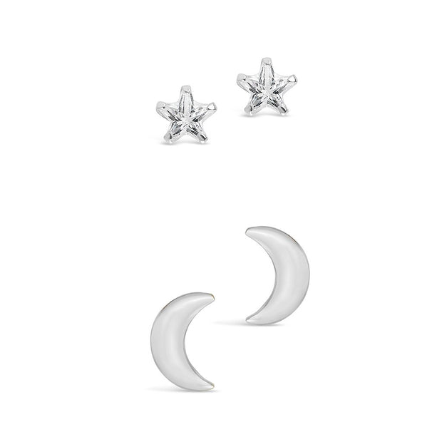 Sterling Silver Crescent & CZ Star Stud Set