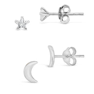 Sterling Silver Crescent & CZ Star Stud Set