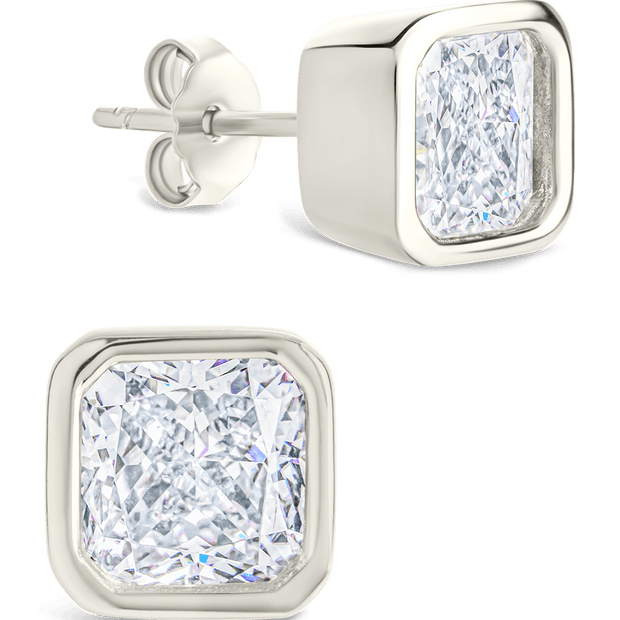 Sterling Silver Asscher Cut Bezel Set Stud Earrings