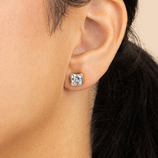 Sterling Silver Asscher Cut Bezel Set Stud Earrings