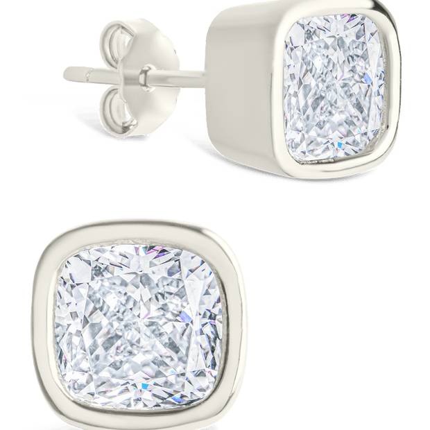 Sterling Silver Cushion Cut Bezel Set Stud Earrings