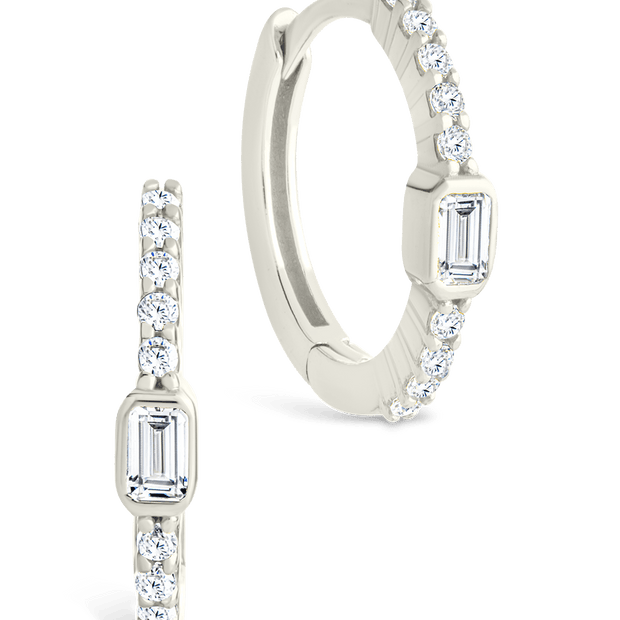 Sterling Silver Emerald Cut Bezel Set Huggie Hoop Earrings
