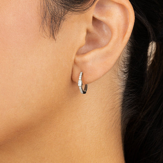 Sterling Silver Emerald Cut Bezel Set Huggie Hoop Earrings