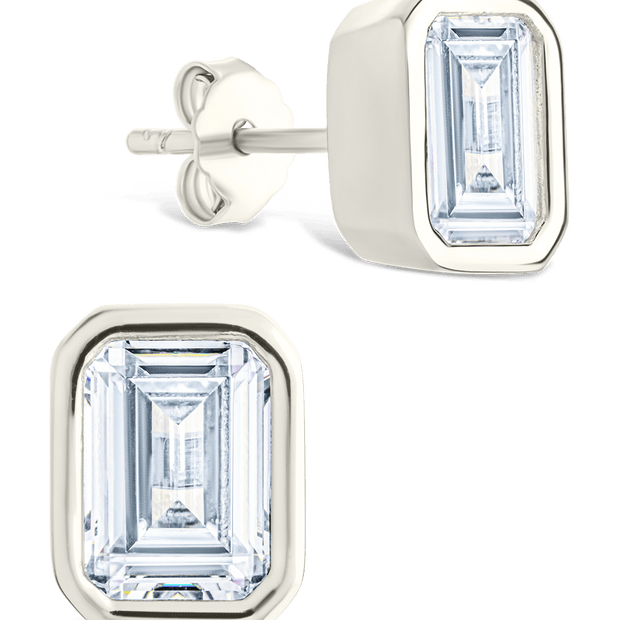 Sterling Silver Emerald Cut Bezel Set Stud Earrings