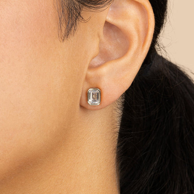 Sterling Silver Emerald Cut Bezel Set Stud Earrings