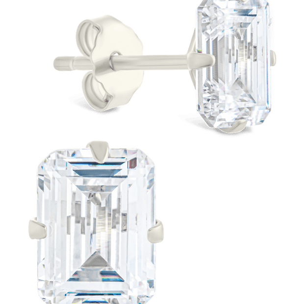 Sterling Silver Emerald Cut Prong Set Stud Earrings