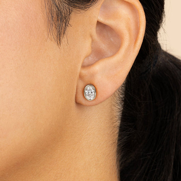 Sterling Silver Oval Cut Bezel Set Stud Earrings