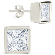 Sterling Silver Princess Cut Bezel Set Stud Earrings