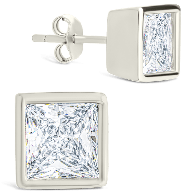 Sterling Silver Princess Cut Bezel Set Stud Earrings