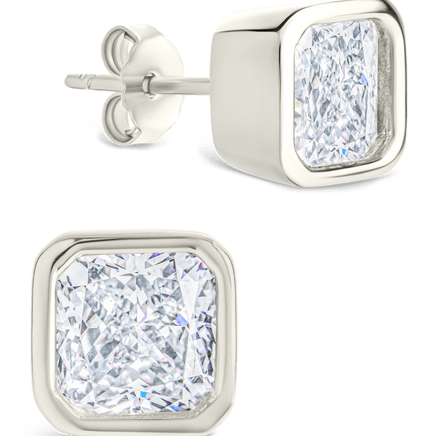 Sterling Silver Radiant Cut Bezel Set Stud Earrings