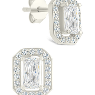 Sterling Silver Emerald Cut Brilliant Halo Studs