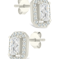 Sterling Silver Emerald Cut Brilliant Halo Studs