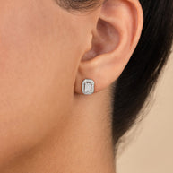 Sterling Silver Emerald Cut Brilliant Halo Studs