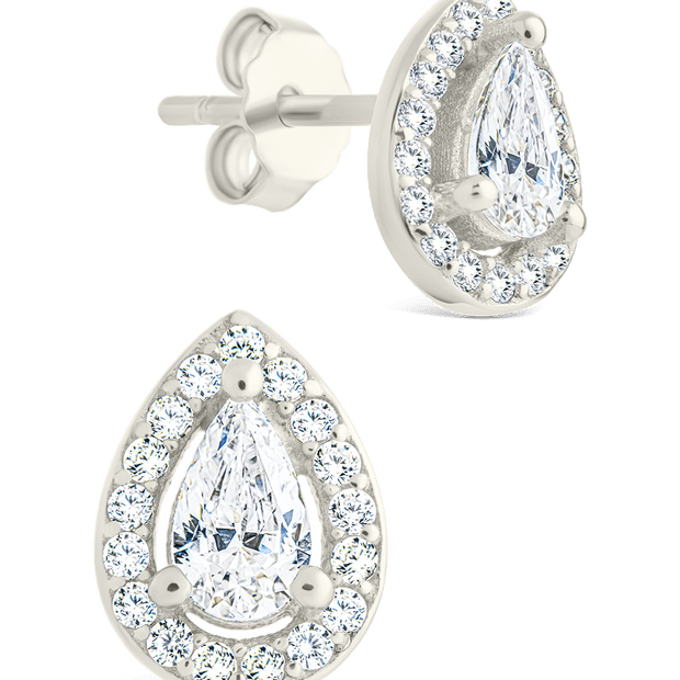 Sterling Silver Pear Cut Brilliant Halo Studs