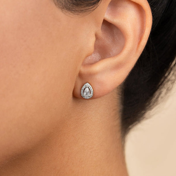 Sterling Silver Pear Cut Brilliant Halo Studs