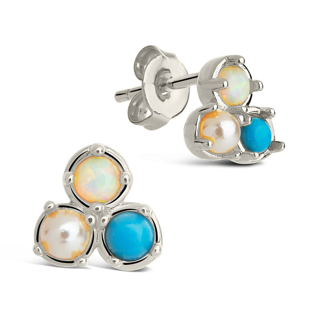 Bermuda Opal, Pearl, & Turquoise Triple Stud Earrings