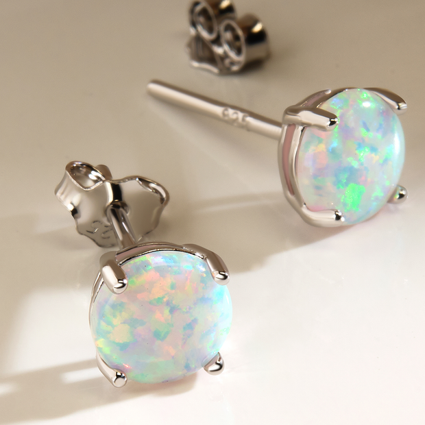 Sterling Silver 6mm Opal Earring Studs - In SIlver or 14K Gold Plated