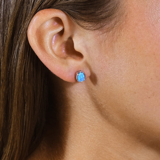 Sterling Silver Blue Opal Oval Stud Earrings