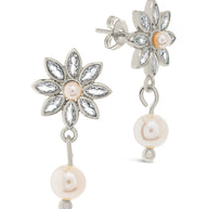 Esti CZ Flower & Pearl Drop Stud Earrings