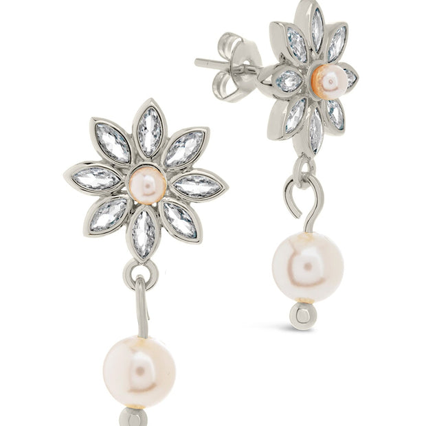 Esti CZ Flower & Pearl Drop Stud Earrings