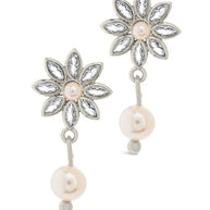 Esti CZ Flower & Pearl Drop Stud Earrings
