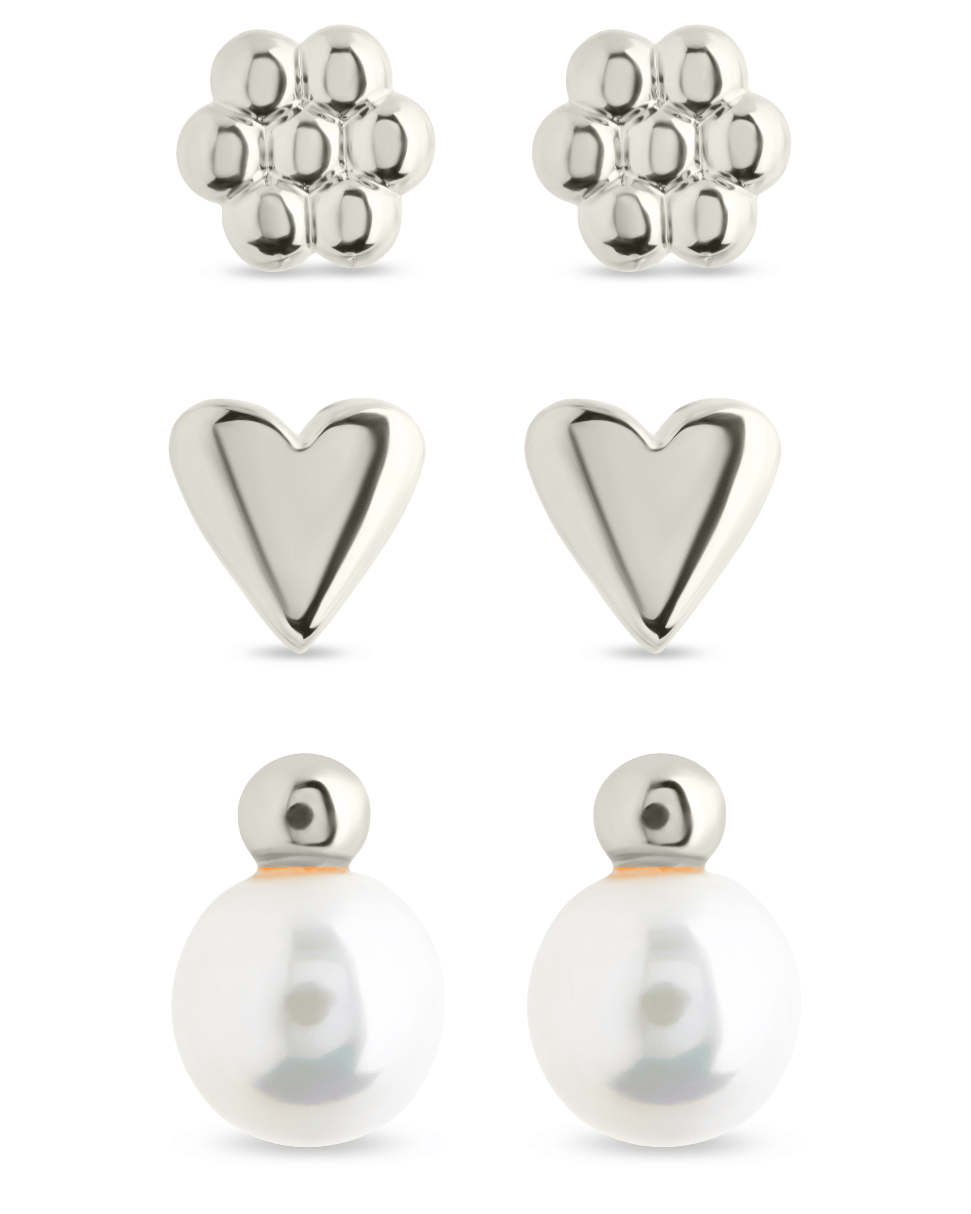 Sterling Silver Irene Pearl, Flower, & Heart Stud Earring Set of 3