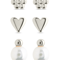 Sterling Silver Irene Pearl, Flower, & Heart Stud Earring Set of 3