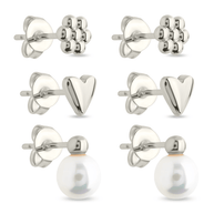Sterling Silver Irene Pearl, Flower, & Heart Stud Earring Set of 3