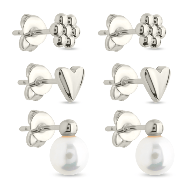 Sterling Silver Irene Pearl, Flower, & Heart Stud Earring Set of 3