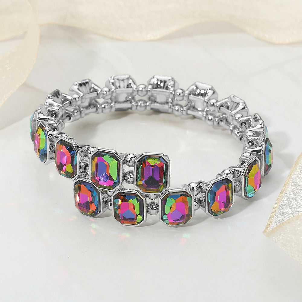 Rectangle Stone Cluster Link Adjustable Evening Bracelet
