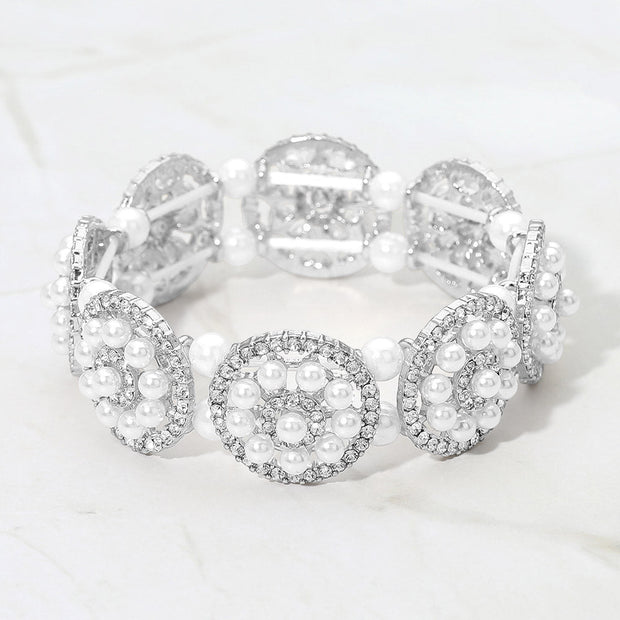 Pearl Floral Beaded Stretch Evening Bracelet