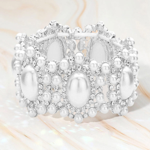Oval Pearl Accented Link Stretch Evening Bracelet