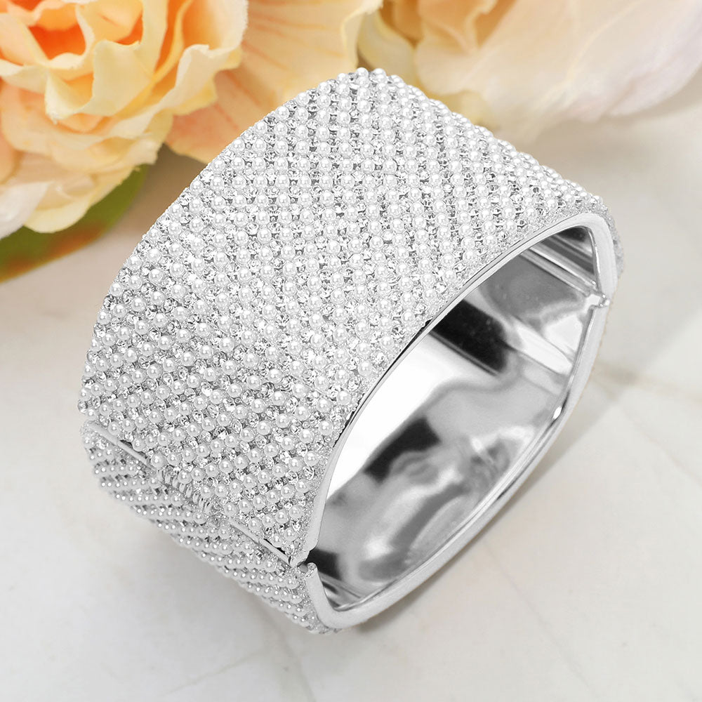 Wide Pearl Paved Hinged Evening Bangle Bracelet