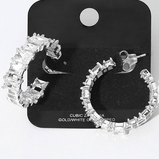Gold Dipped Square CZ Stone Cluster Around Evening Hoop Earrings