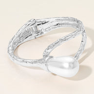 Pearl Accent Hammered Metal Hinged Bangle Bracelet