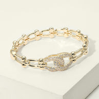 14K Gold Plated CZ Pave Link Centerpiece Industrial Chain Link Hinged Bangle Bracelet