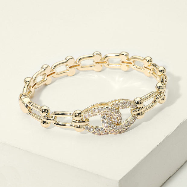 14K Gold Plated CZ Pave Link Centerpiece Industrial Chain Link Hinged Bangle Bracelet