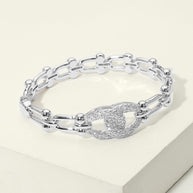 14K Gold Plated CZ Pave Link Centerpiece Industrial Chain Link Hinged Bangle Bracelet