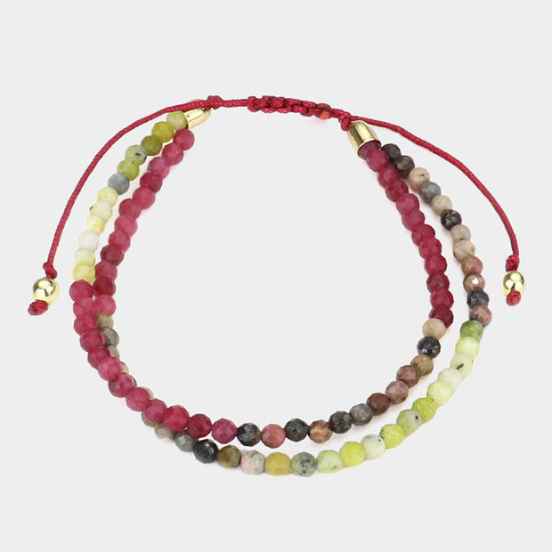 Two Layer Semi Precious Stone Bead Adjustable Cinch Pull Tie Bracelet