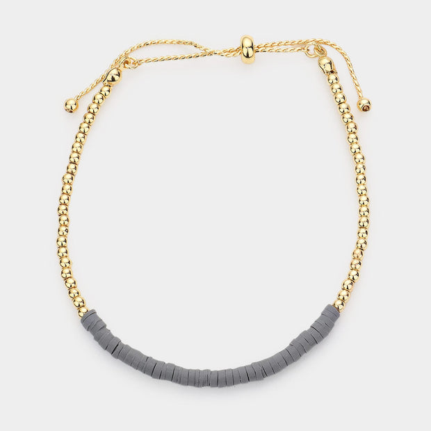 Heishe Beaded Metal Ball Beaded Adjustable Cinch Pull Tie Bracelet