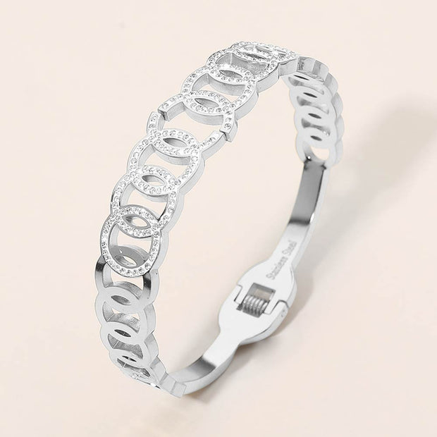 Stainless Steel CZ Pave Circle Link Hinged Bangle Bracelet
