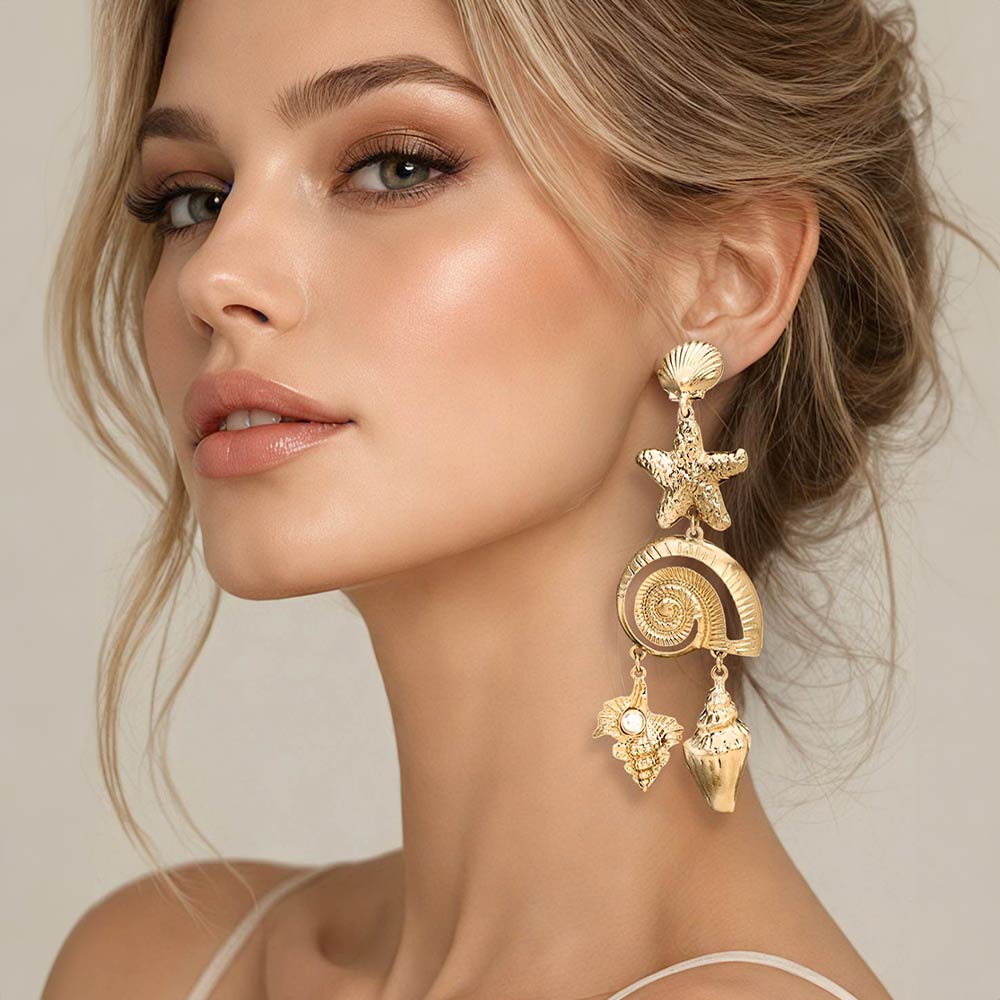 Bold Textured Starfish Shell Link Drop Statement Earrings