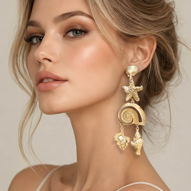 Bold Textured Starfish Shell Link Drop Statement Earrings